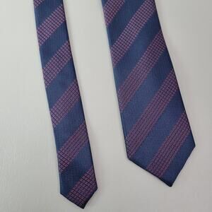 Men's Egara All Silk Neck Tie Navy Blue Red Striped Jacquard Long Woven 60x3